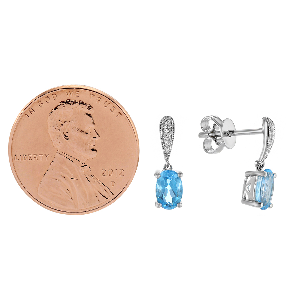 14K White Gold Oval Blue Topaz & Diamond Milgrain Drop Earrings