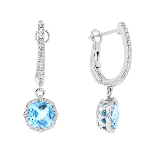 14K White Gold Earrings with Dangling Pear Shape and Round Blue Topaz Gemstones