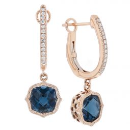 Blue Topaz Jewelry December Birthstone Borsheims 14k Rose Gold Cushion London Blue Topaz Diamond Milgrain Quatrefoil Dangle Earrings
