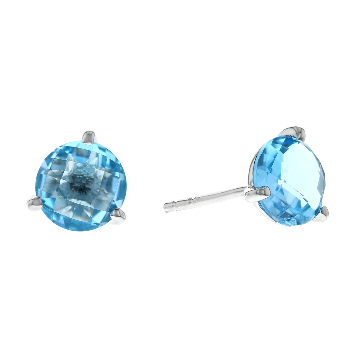 14K White Gold Round Checkerboard Blue Topaz Post Earrings