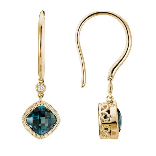 14k Yellow Gold Checkerboard Cushion London Blue Topaz Diamond Milgrain Drop Earrings 14k Yellow Gold Checkerboard Cushion London Blue Topaz Diamond Milgrain Drop Earrings