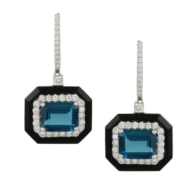 Doves Emerald Cut London Blue Topaz, Diamond & Black Onyx Dangle Earrings in White Gold