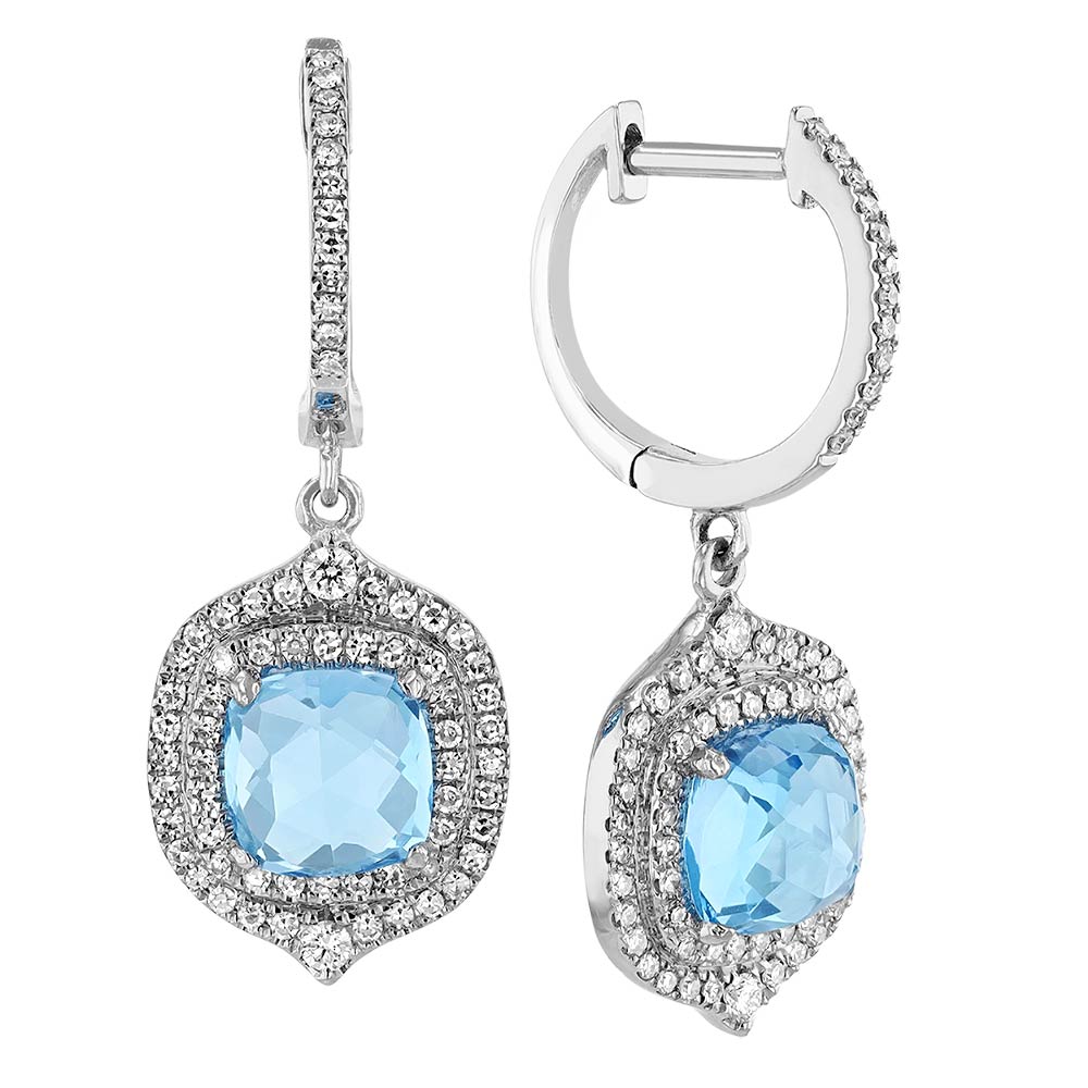 Blue Topaz & Diamond Double Pointed Halo Dangle Huggie Earrings in White Gold