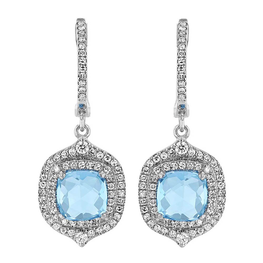 Blue Topaz & Diamond Double Pointed Halo Dangle Huggie Earrings in White Gold