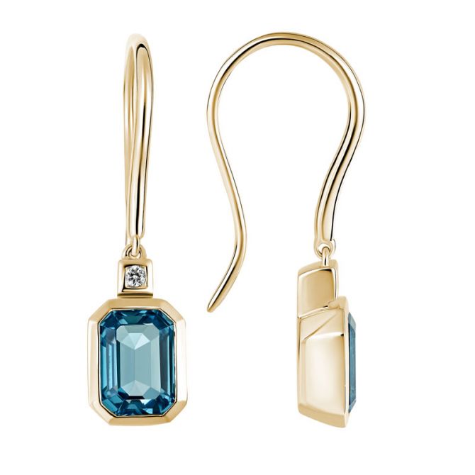 Emerald Cut London Blue Topaz & Diamond Accent Dangle Earrings in Yellow Gold