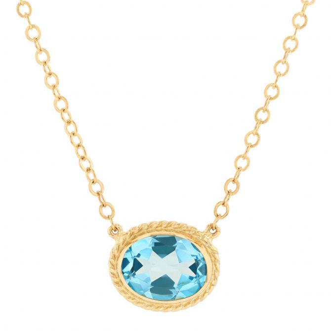 Oval Blue Topaz Rope Bezel Necklace in Yellow Gold, 19"