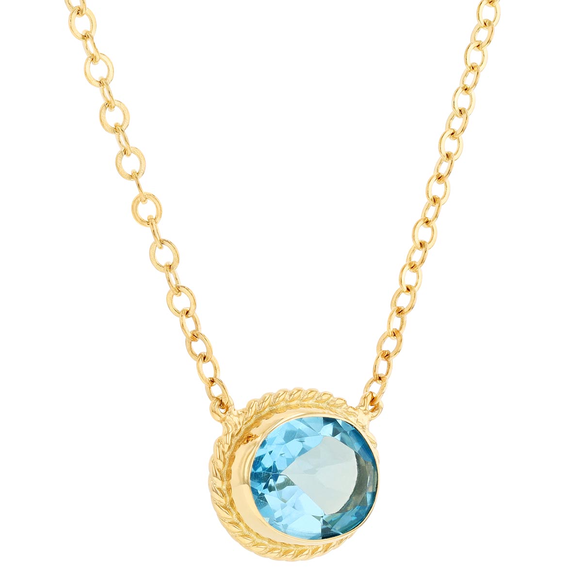 Oval Blue Topaz Rope Bezel Necklace in Yellow Gold, 19