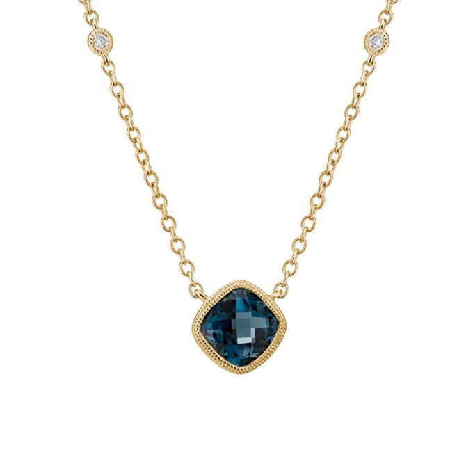 14K Yellow Gold Checkerboard Cushion London Blue Topaz & Diamond Milgrain Necklace, 18"
