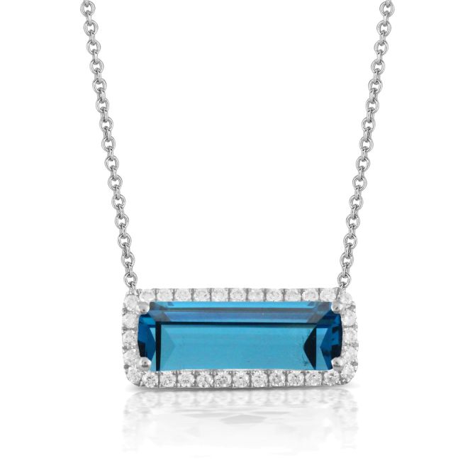 Doves Cushion Checkerboard Topaz & Diamond Halo Pendant in White Gold, 18"