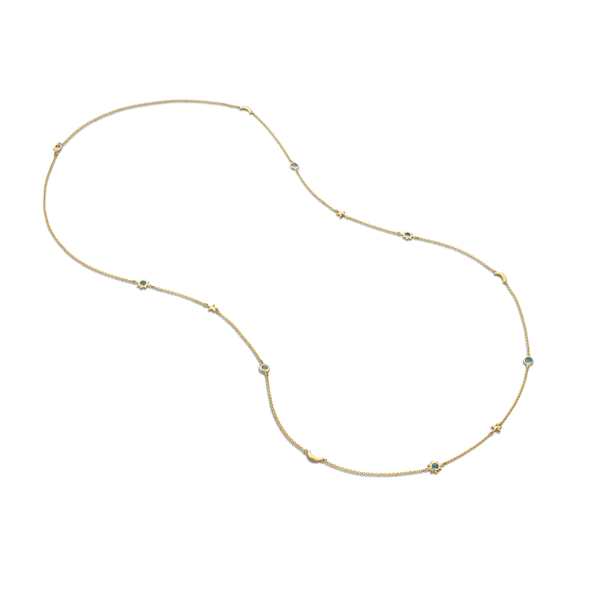 Monica Rich Kosann Sun, Moon & Stars London Blue Topaz Station Necklace in Yellow Gold, 36