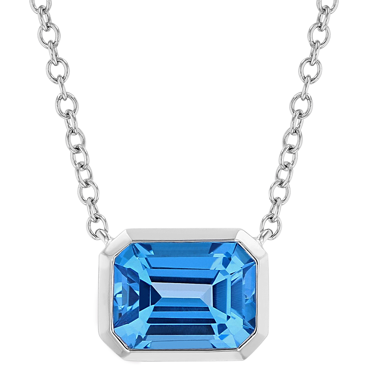 Emerald Cut Blue Topaz Bezel Set necklace in White Gold, 18
