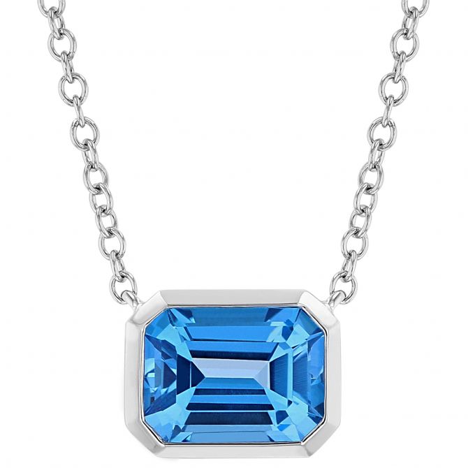 Emerald Cut Blue Topaz Bezel Set necklace in White Gold, 18"