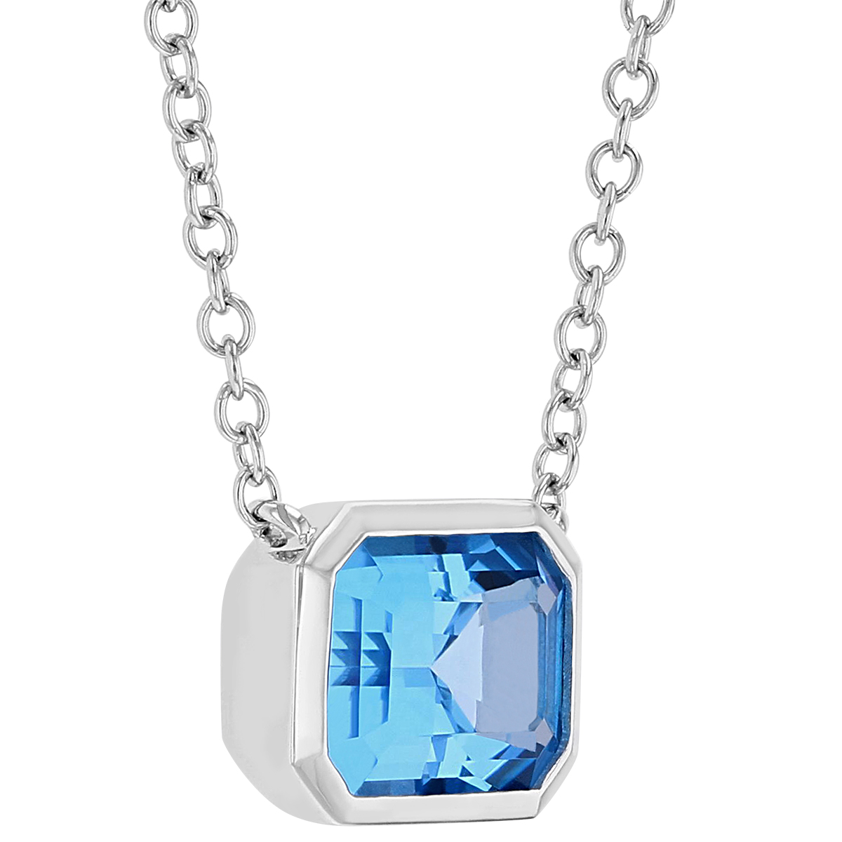 Emerald Cut Blue Topaz Bezel Set necklace in White Gold, 18