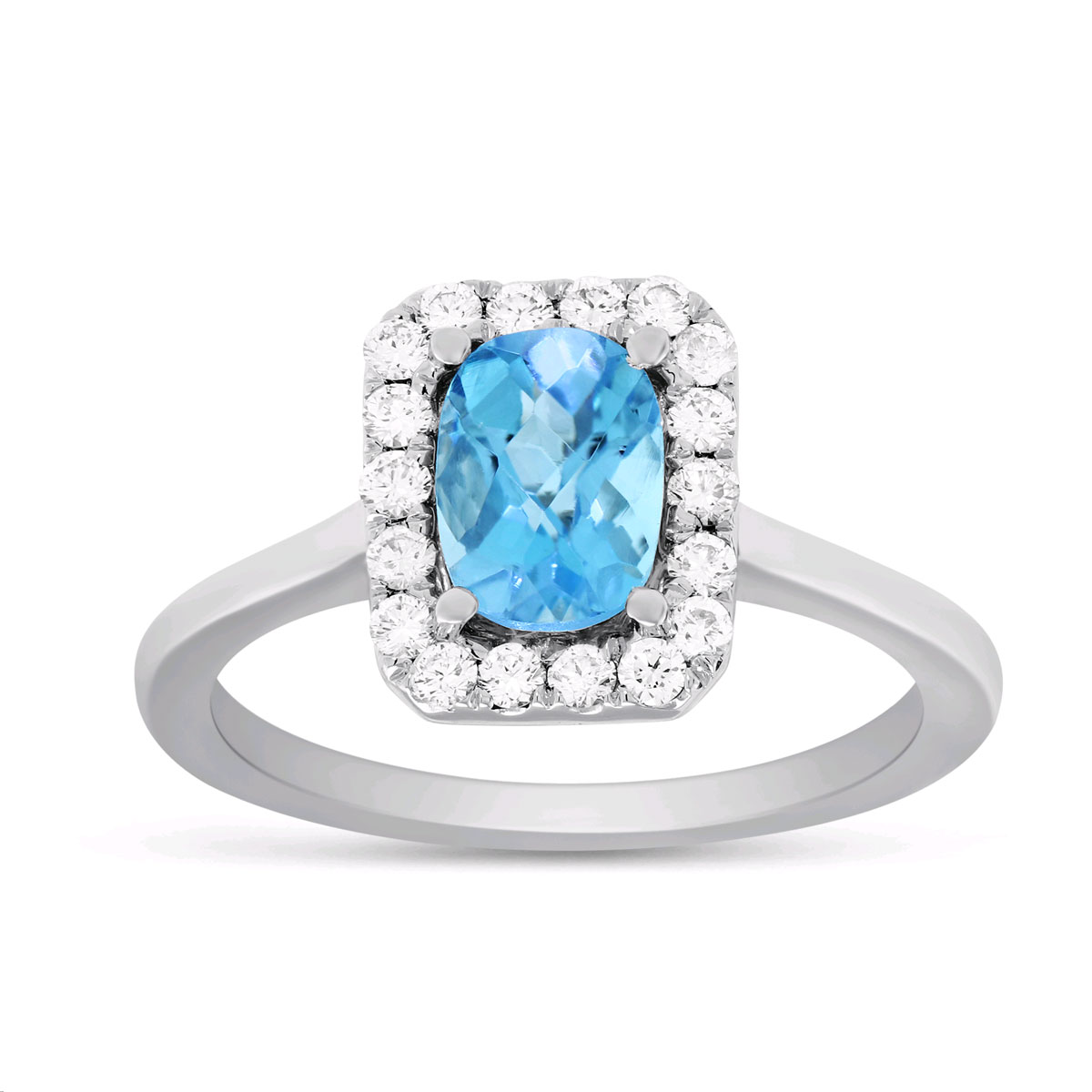 Cushion Blue Topaz & Diamond Frame Ring in White Gold