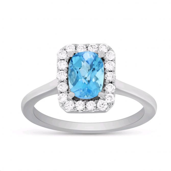 Cushion Blue Topaz & Diamond Frame Ring in White Gold