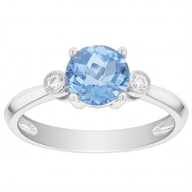 14K White Gold Round Blue Topaz & Diamond 3 Stone Ring