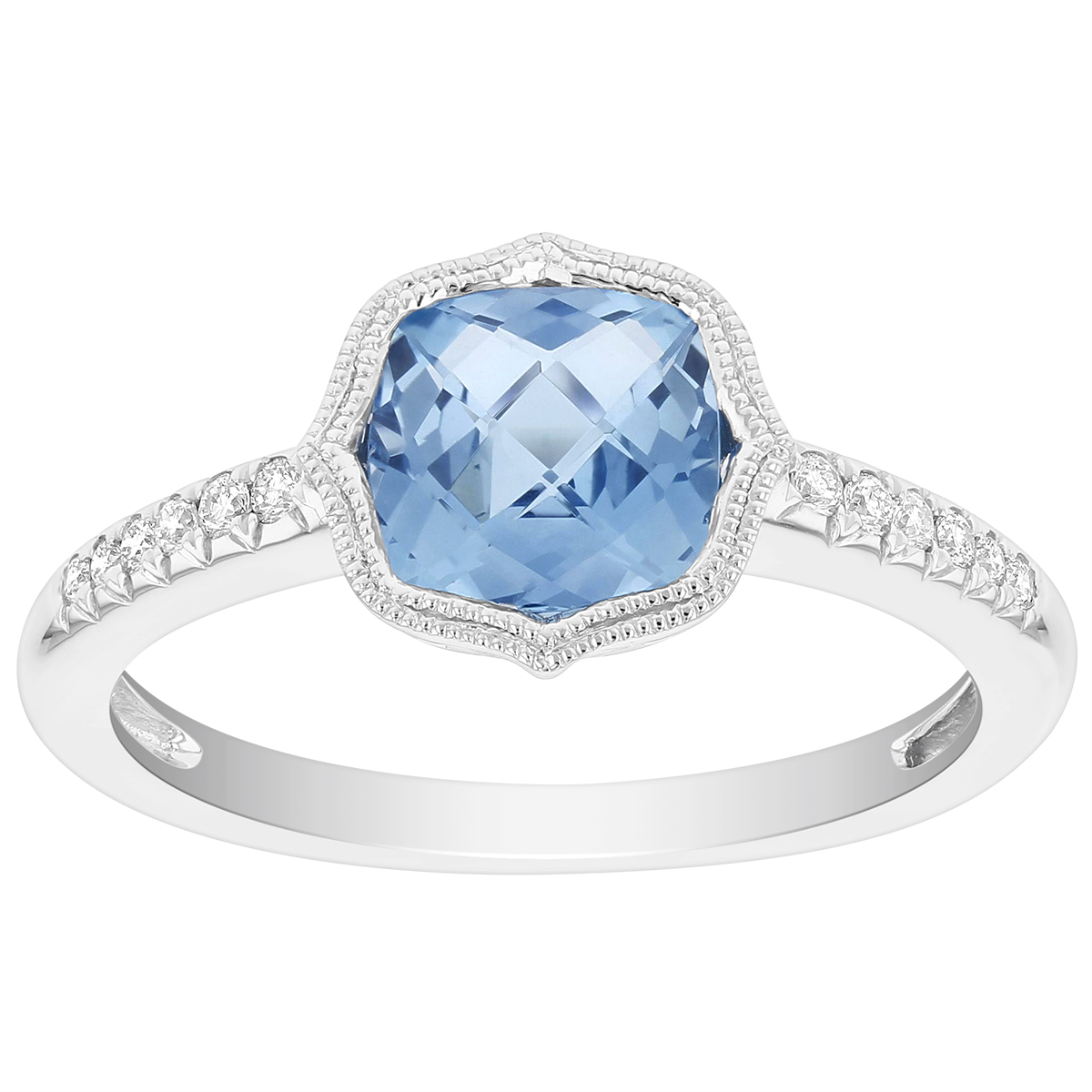 14K White Gold Checkerboard Cushion Blue Topaz & Diamond Milgrain Quatrefoil Ring