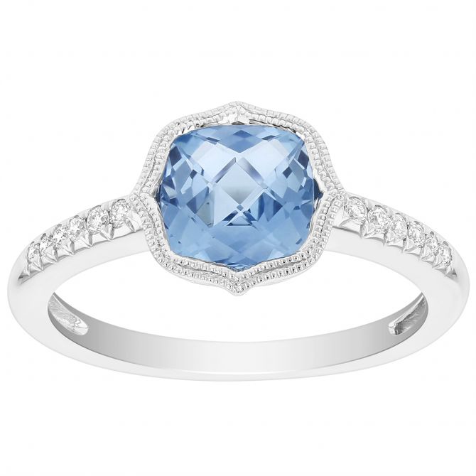 14K White Gold Checkerboard Cushion Blue Topaz & Diamond Milgrain Quatrefoil Ring