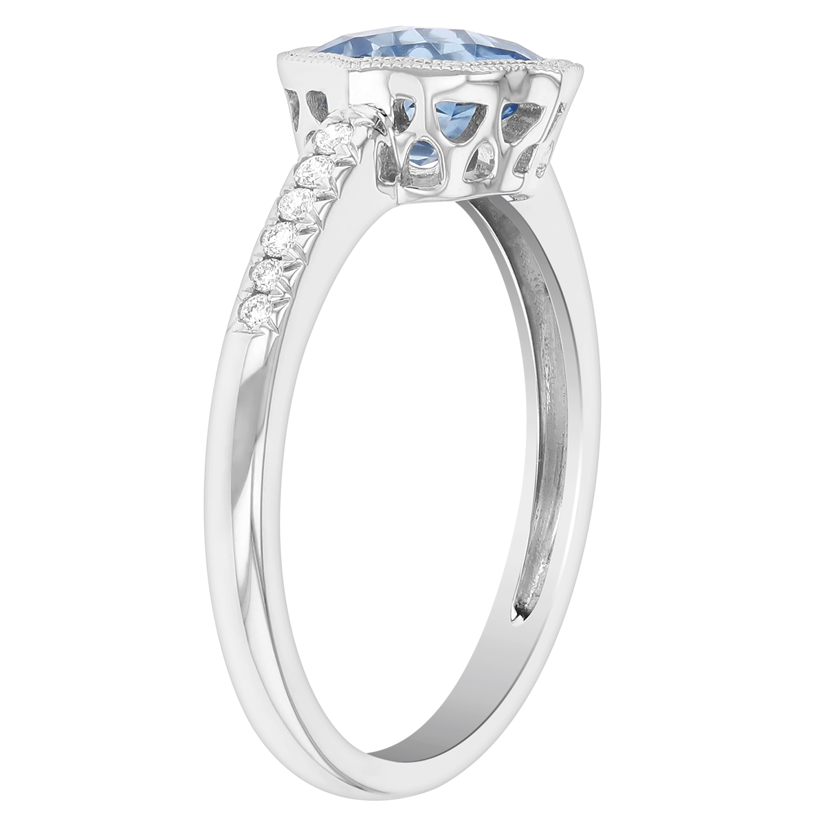 14K White Gold Checkerboard Cushion Blue Topaz & Diamond Milgrain Quatrefoil Ring