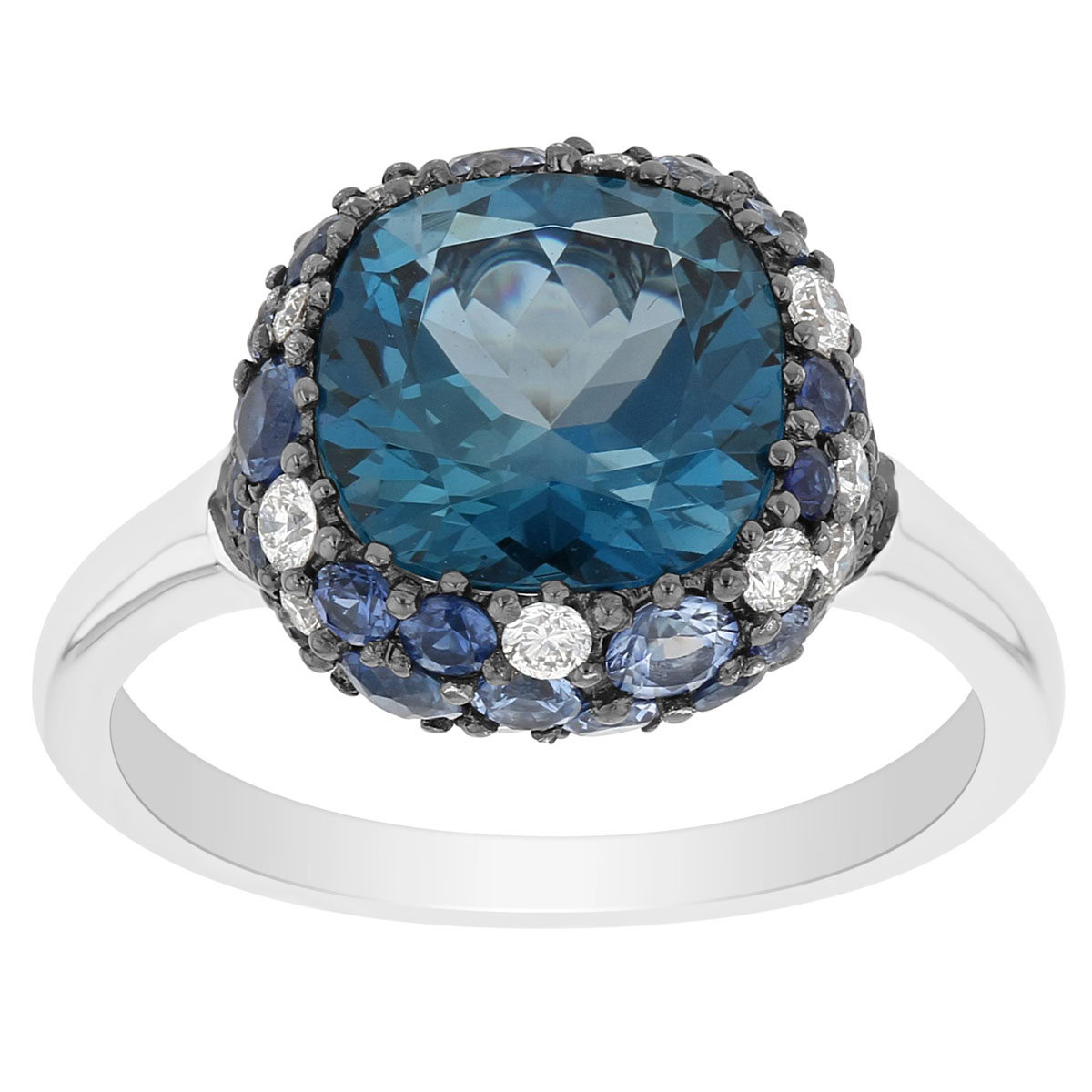18K White Gold Cushion Blue Topaz Ring with Sapphire & Diamond Cluster