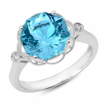 Octagonal Blue Topaz Ring with Scalloped Milgrain Halo & Diamonds in White Gold