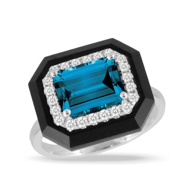 Doves Emerald Cut London Blue Topaz, Diamond & Black Onyx Ring in White Gold
