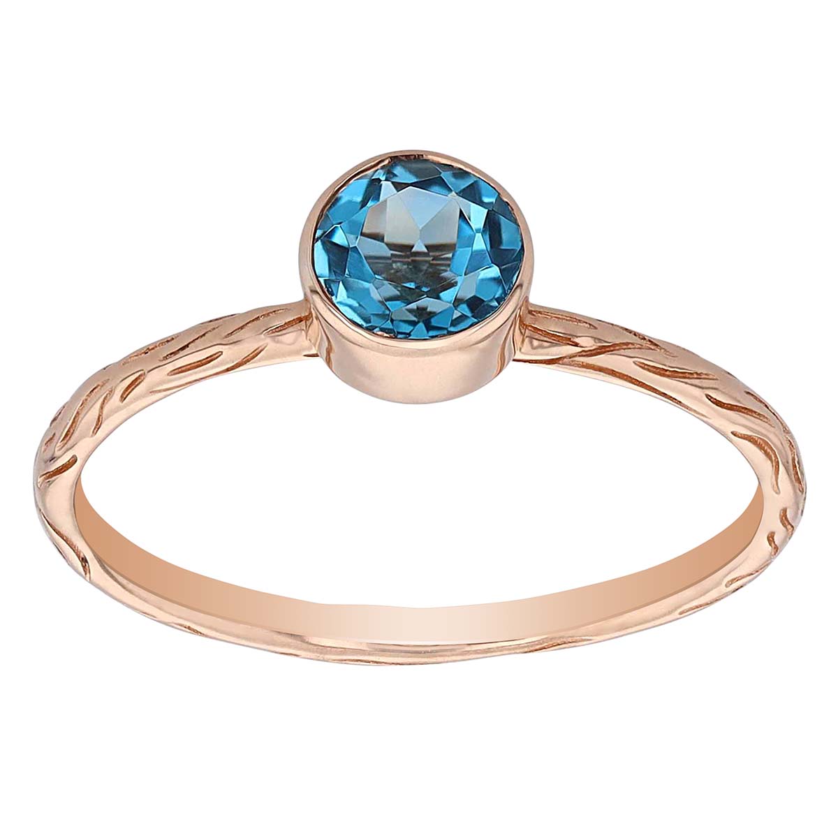 Round Blue Topaz Bezel Set Ring in Rose Gold with Bark Patterned Shank