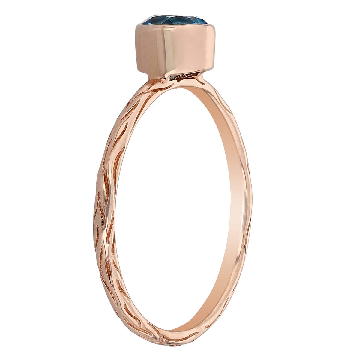 Round Blue Topaz Bezel Set Ring in Rose Gold with Bark Patterned Shank
