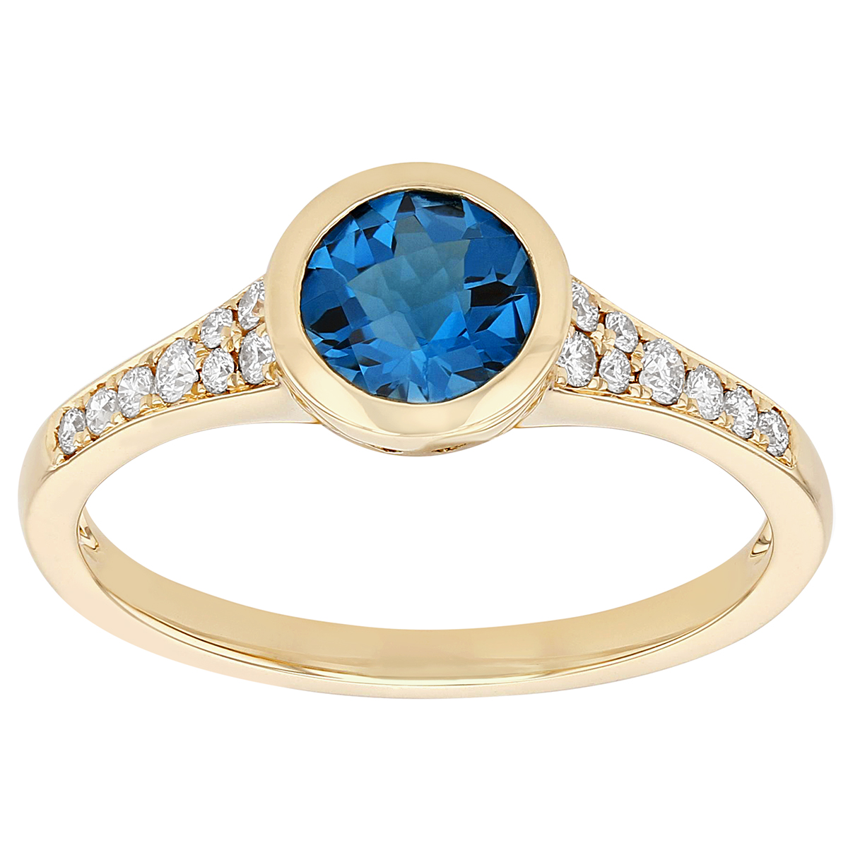 Round Checkerboard Blue Topaz Bezel Set Ring with Diamond Pavé Tapered Shank in Yellow Gold
