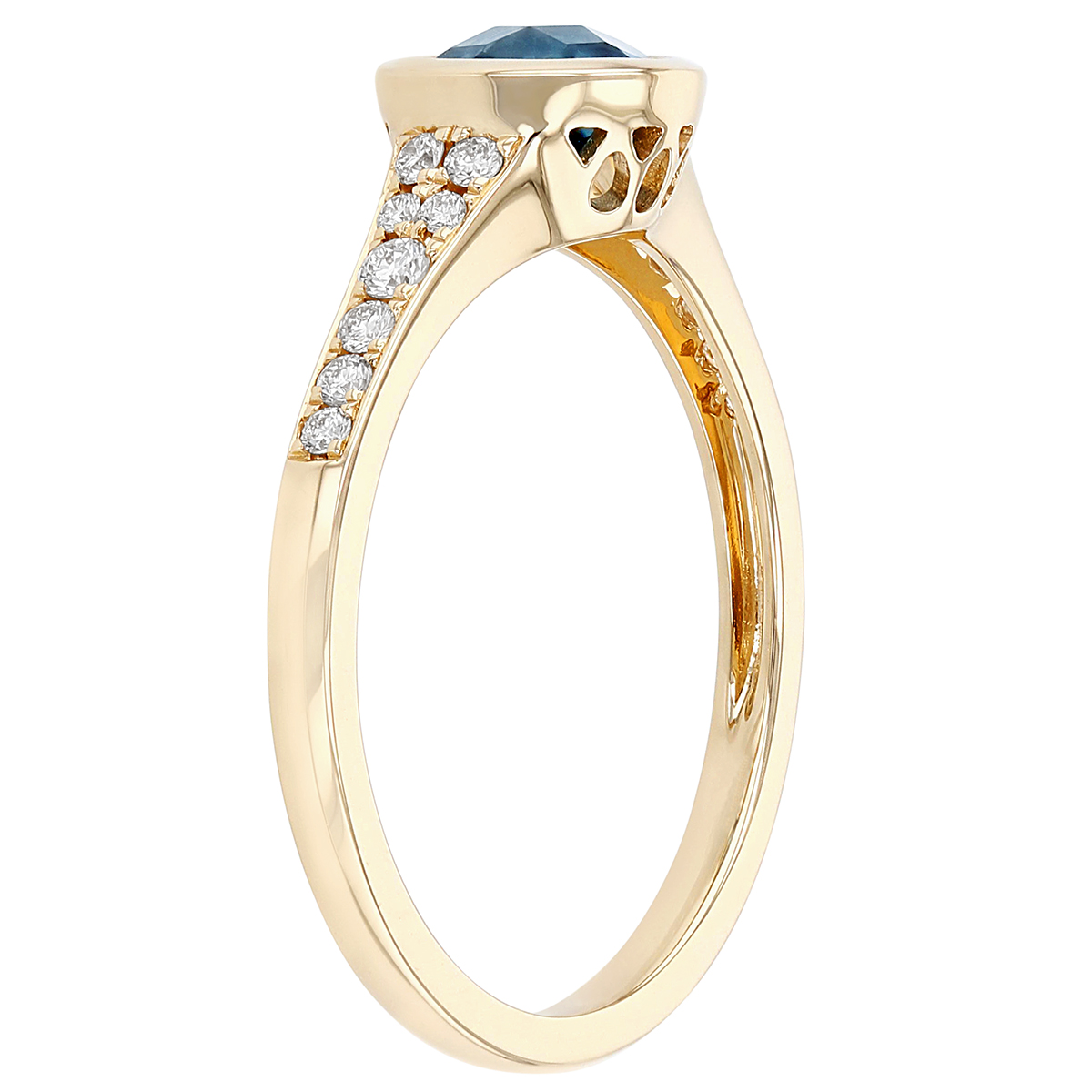 Round Checkerboard Blue Topaz Bezel Set Ring with Diamond Pavé Tapered Shank in Yellow Gold