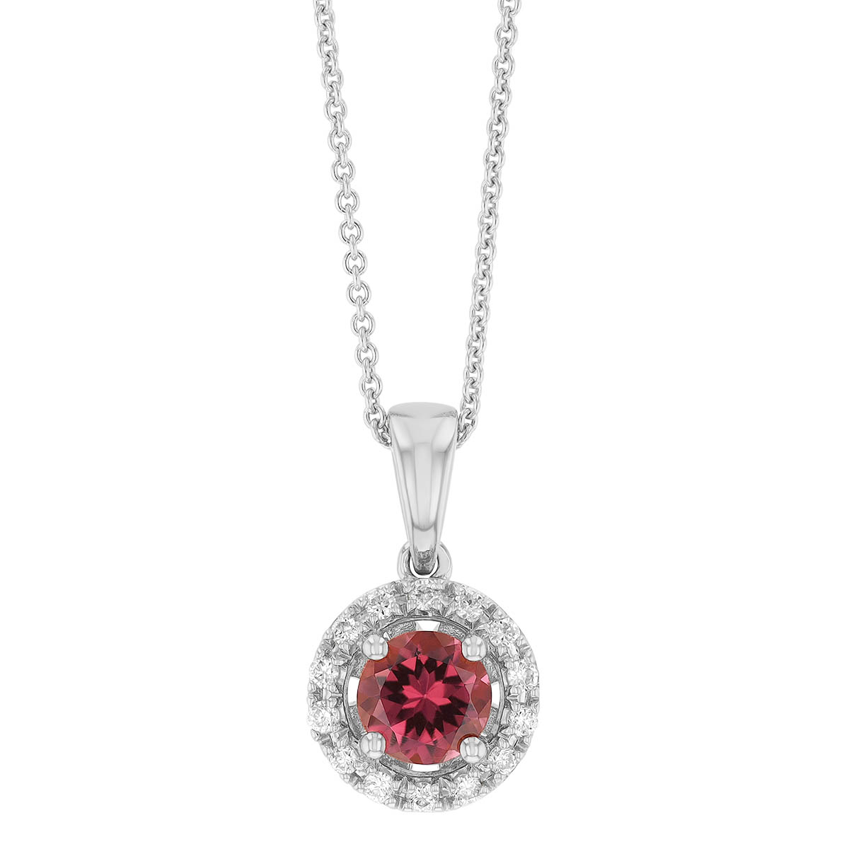 Round Pink Tourmaline & Diamond Halo Pendant in White Gold, 18