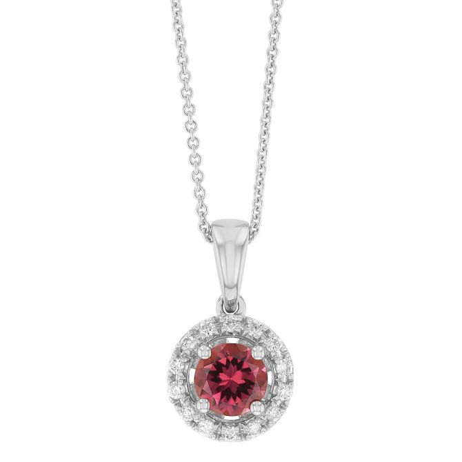 Round Pink Tourmaline & Diamond Halo Pendant in White Gold, 18"