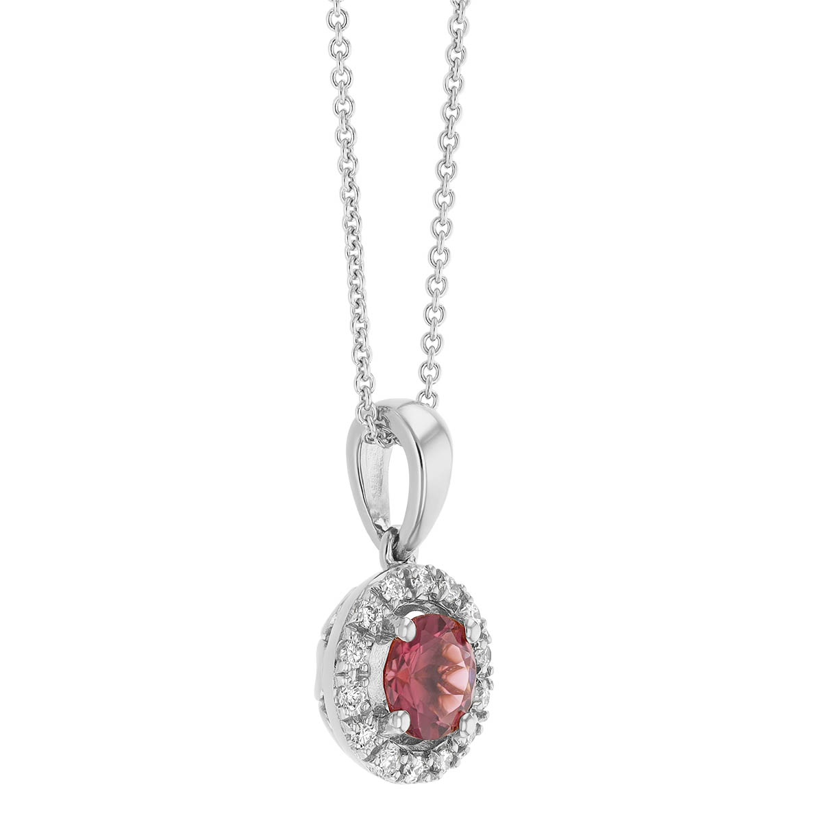 Round Pink Tourmaline & Diamond Halo Pendant in White Gold, 18
