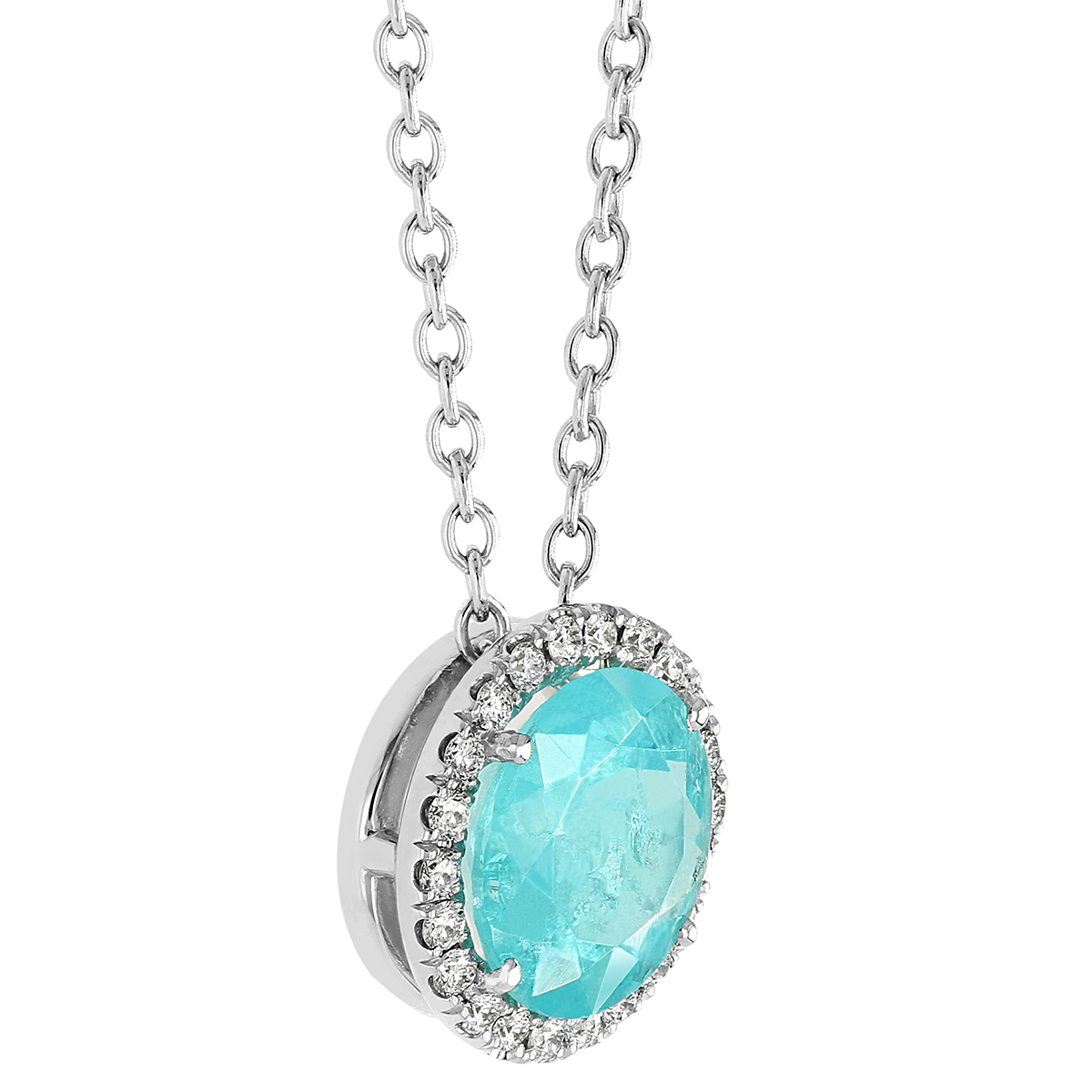 Paraiba Tourmaline & Diamond Halo Pendant in White Gold, 18