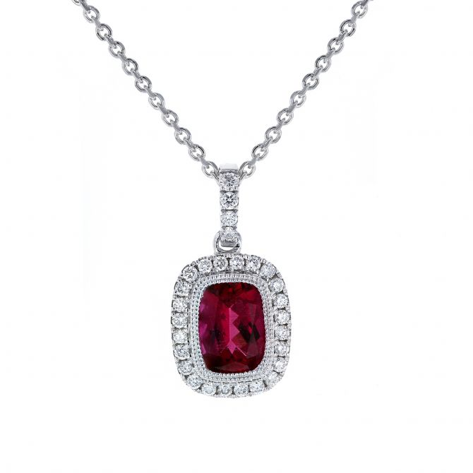 14K White Gold Cushion Rubellite Tourmaline & Diamond Frame Pendant, 18"