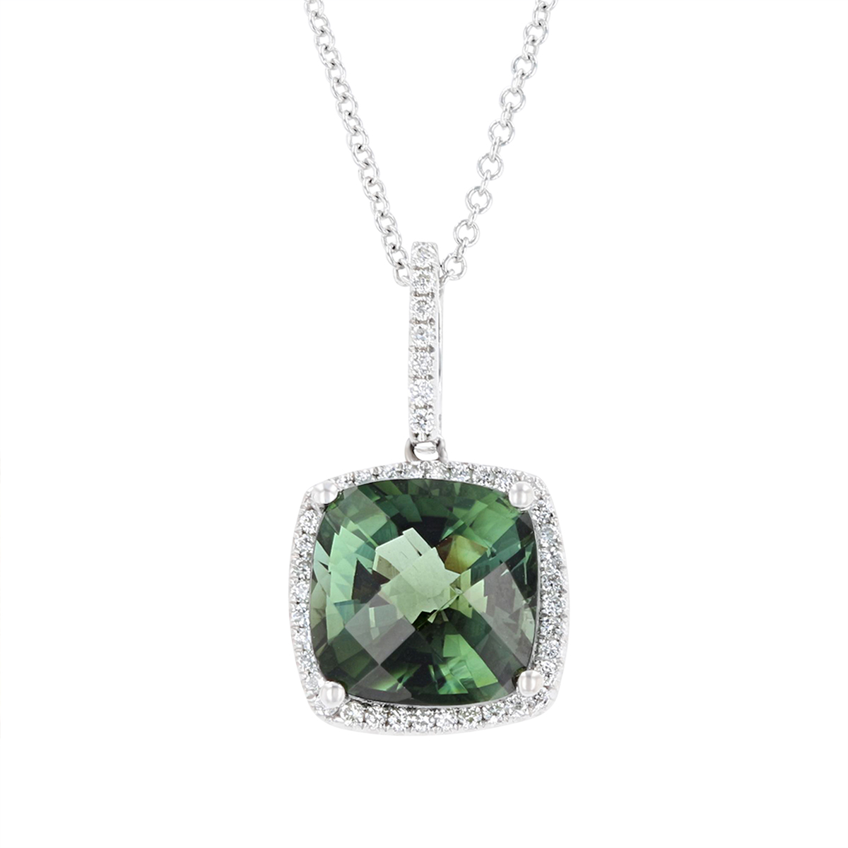 Cushion Green Tourmaline & Diamond Frame Pendant in White Gold, 16