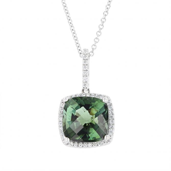 Cushion Green Tourmaline & Diamond Frame Pendant in White Gold, 16"