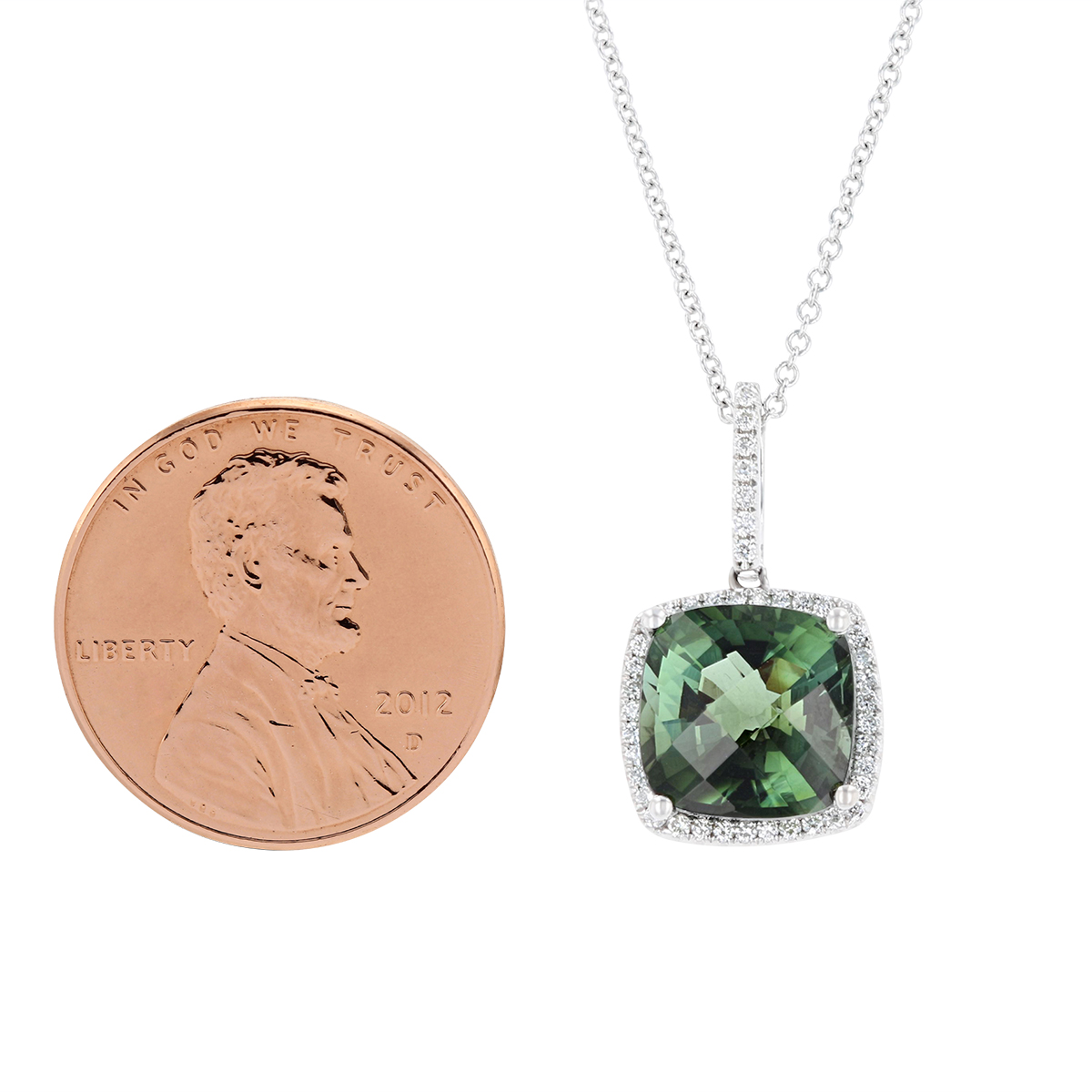 Cushion Green Tourmaline & Diamond Frame Pendant in White Gold, 16