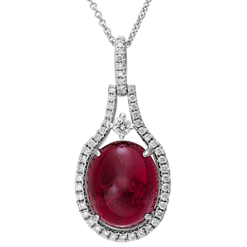 Oval Rubellite Tourmaline Cabochon & Diamond Open Halo Pendant in White Gold, 18