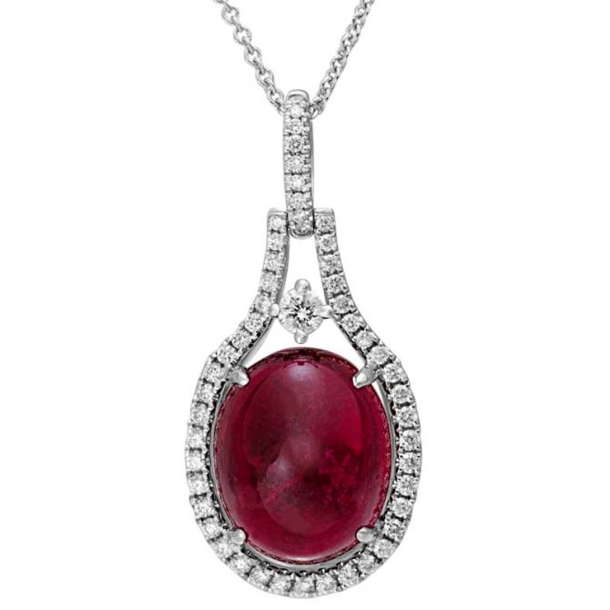 Oval Rubellite Tourmaline Cabochon & Diamond Open Halo Pendant in White Gold, 18"