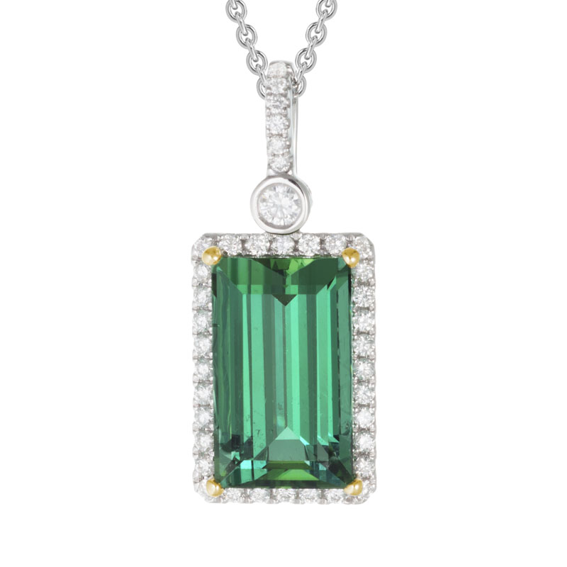 Green Tourmaline Baguette & Diamond Frame Pendant in White Gold, 18