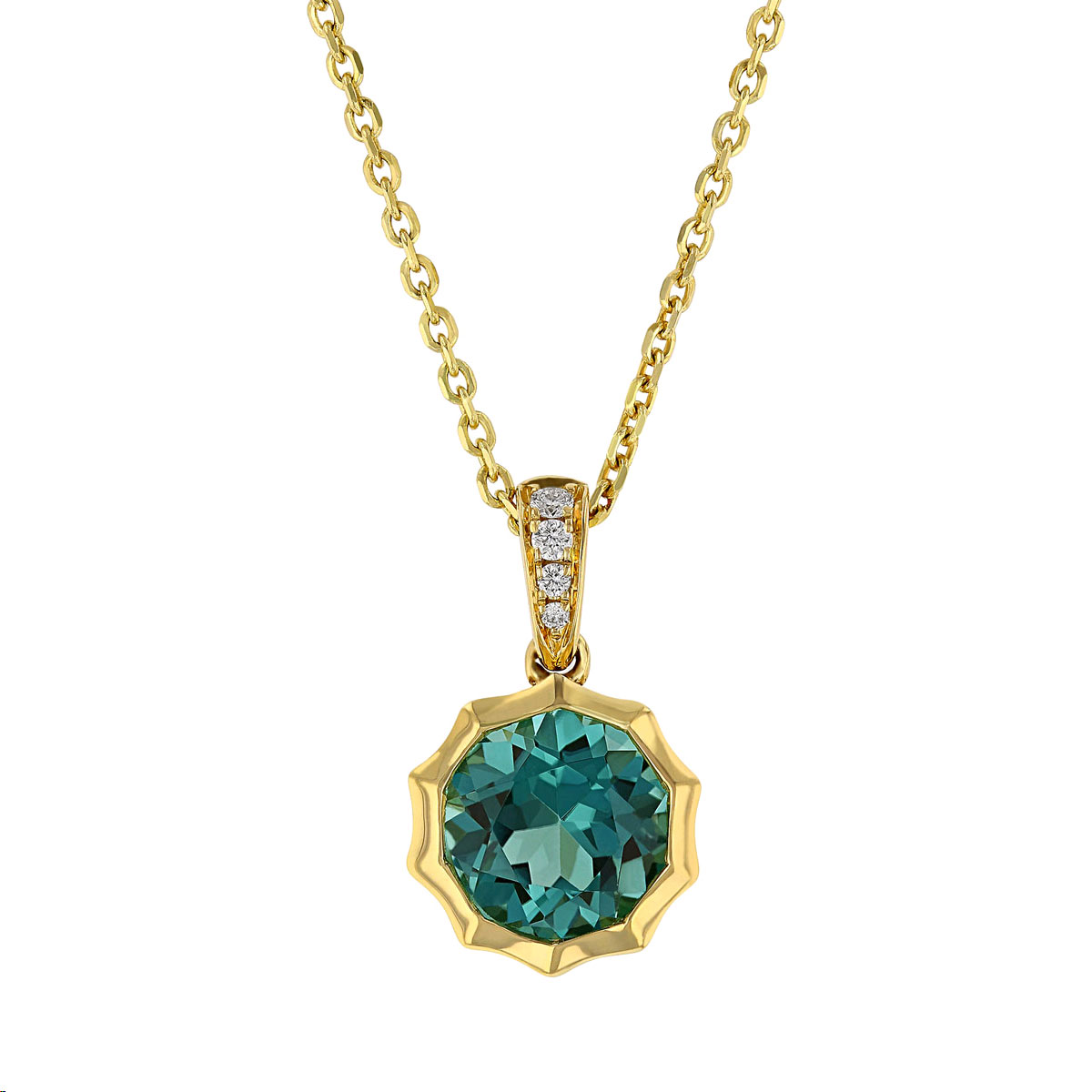 Round Green Tourmaline & Diamond Pendant with Pointed Bezel in Yellow Gold, 18