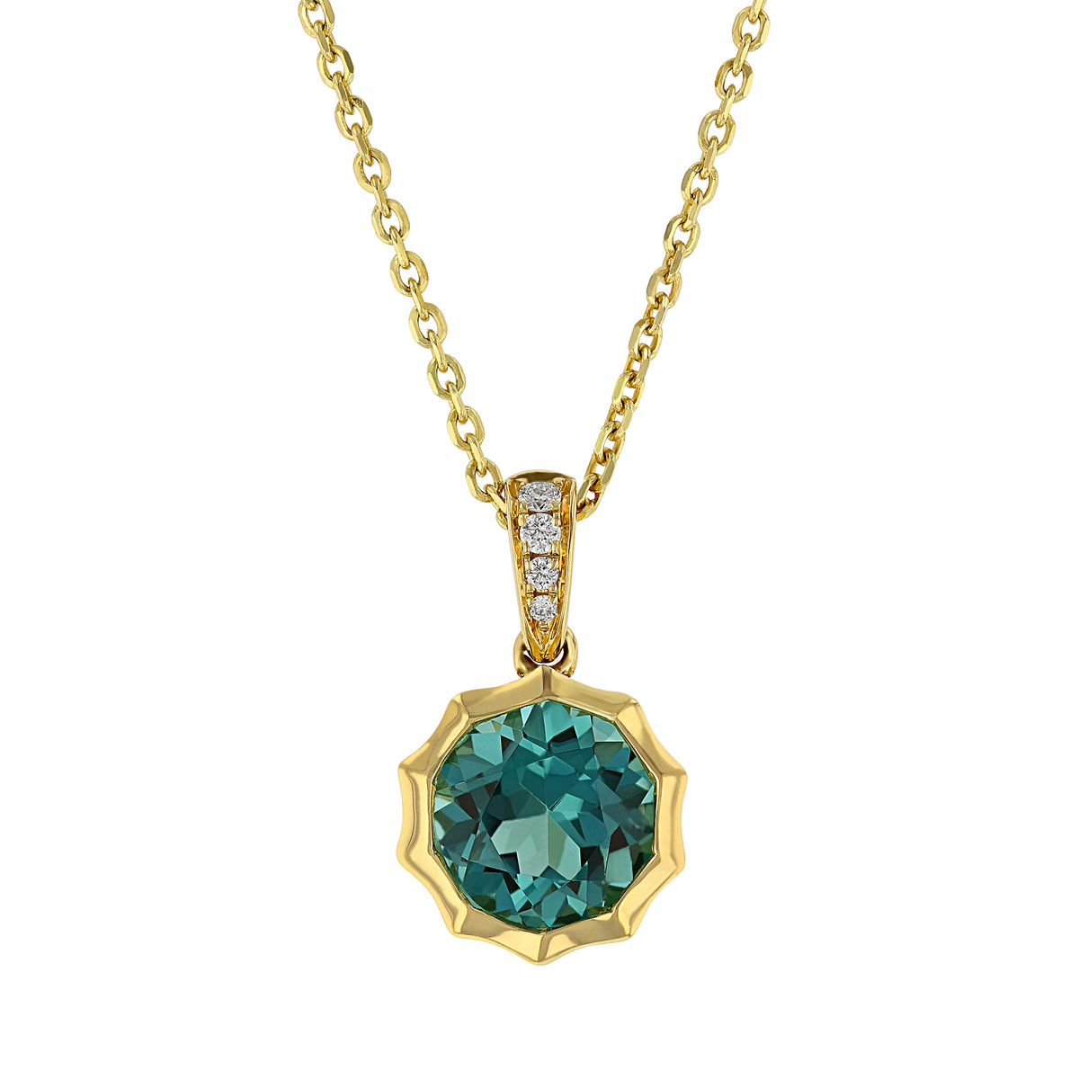Round Green Tourmaline & Diamond Pendant with Pointed Bezel in Yellow Gold, 18