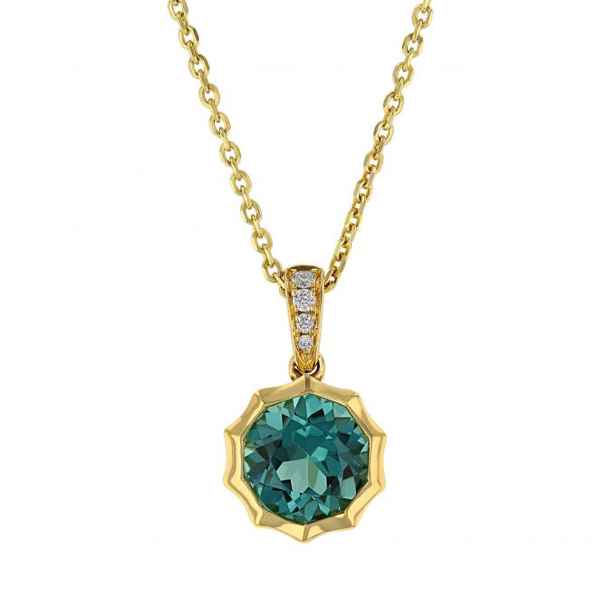 Round Green Tourmaline & Diamond Pendant with Pointed Bezel in Yellow Gold, 18"