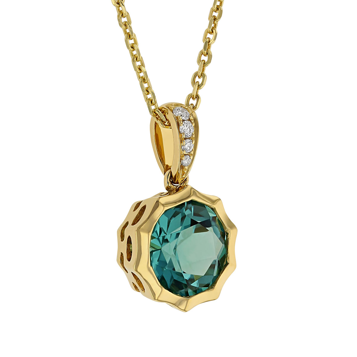 Round Green Tourmaline & Diamond Pendant with Pointed Bezel in Yellow Gold, 18