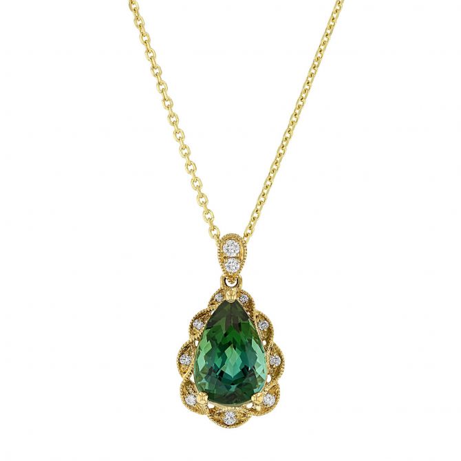 Pear Shaped Green Tourmaline Pendant with Diamond Milgrain Frame in Yellow Gold, 18"