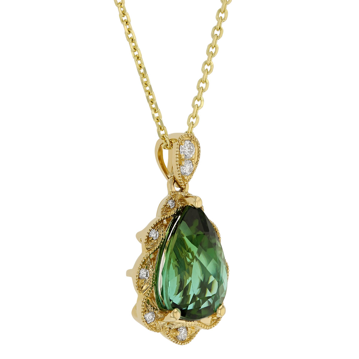 Pear Shaped Green Tourmaline Pendant with Diamond Milgrain Frame in Yellow Gold, 18