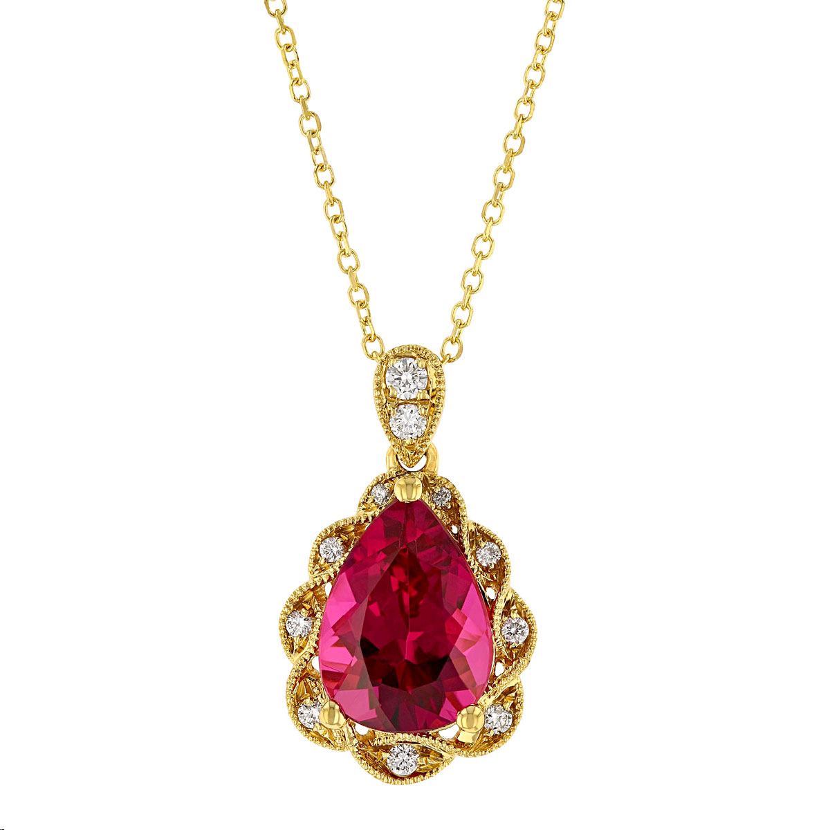 Pear Shaped Rubellite Tourmaline Pendant with Diamond Milgrain Frame in Yellow Gold, 18
