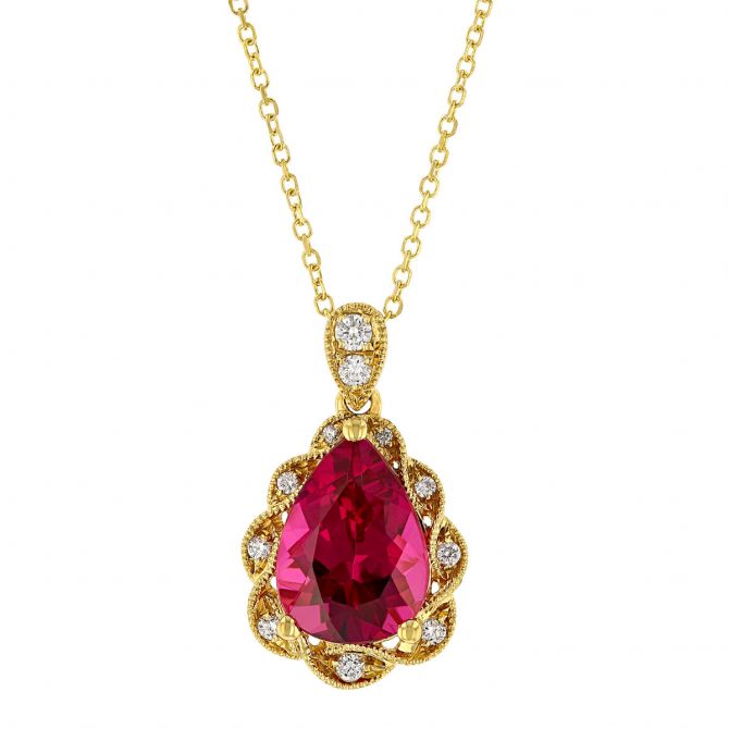 Pear Shaped Rubellite Tourmaline Pendant with Diamond Milgrain Frame in Yellow Gold, 18"