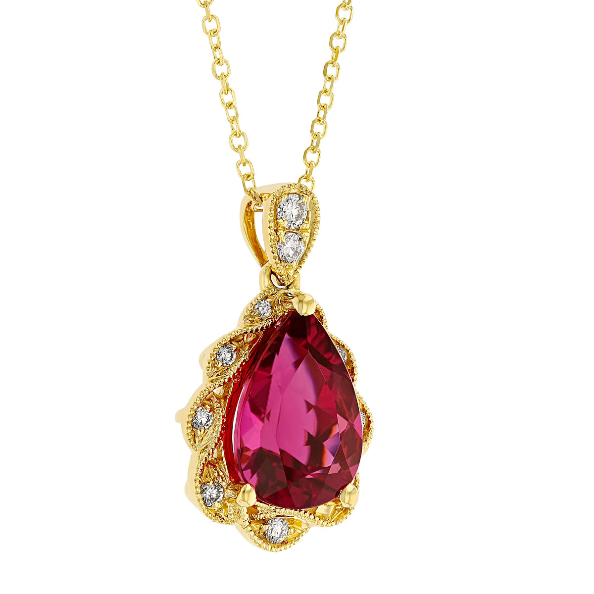 Pear Shaped Rubellite Tourmaline Pendant with Diamond Milgrain Frame in Yellow Gold, 18